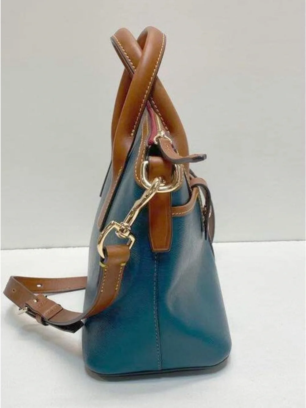 Dooney & Bourke Teal Canvas Leather Satchel with Brown Trim and Gold Hardware